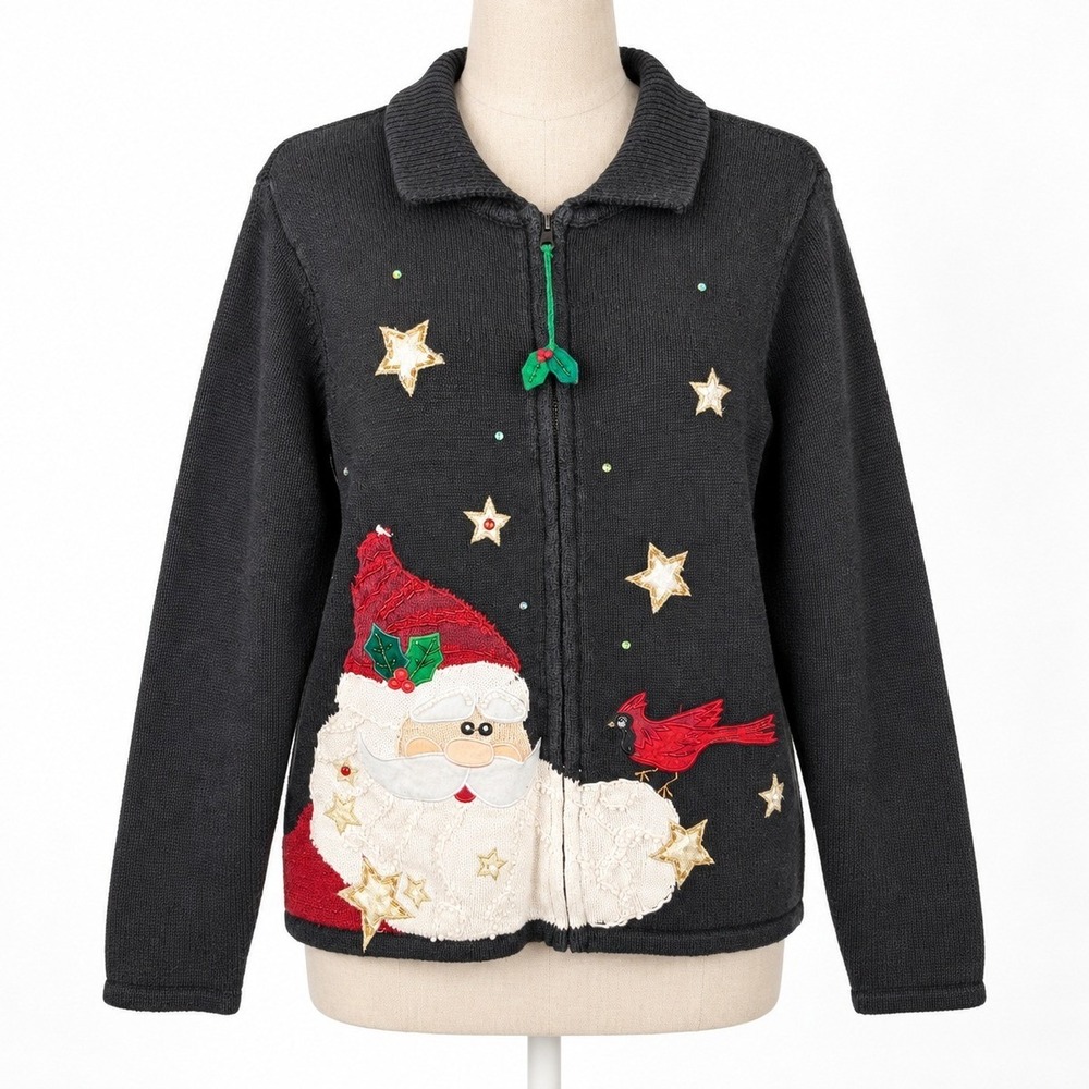 Vintage 90s Embroidered Christmas Santa Zip Sweater Sz L Black Star Cottagecore